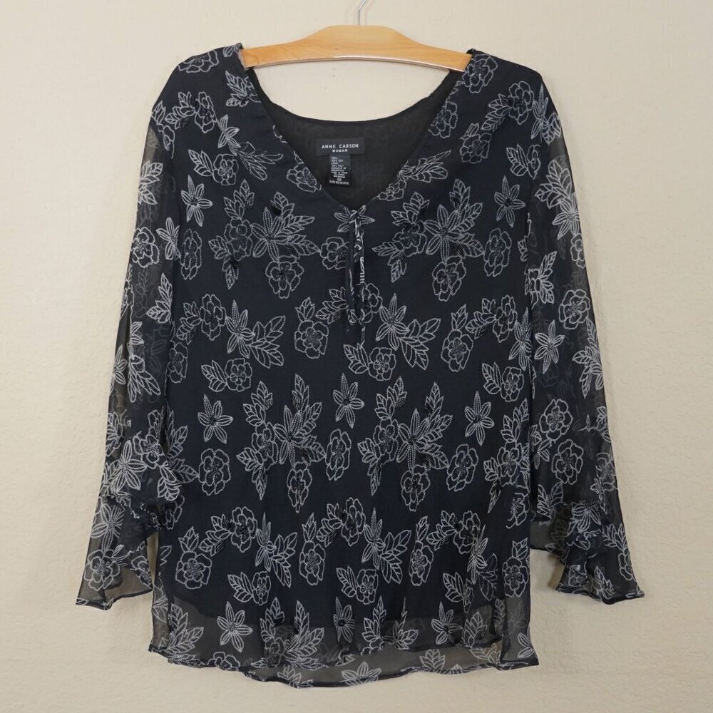 VTG Anne Carson 100% Silk Beaded Semi Sheer Top Dark Floral 2XL Whimsigoth Goth